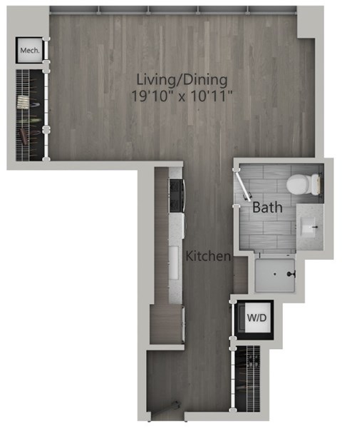 Floor plan for studio, 1 bath, 517 sqft